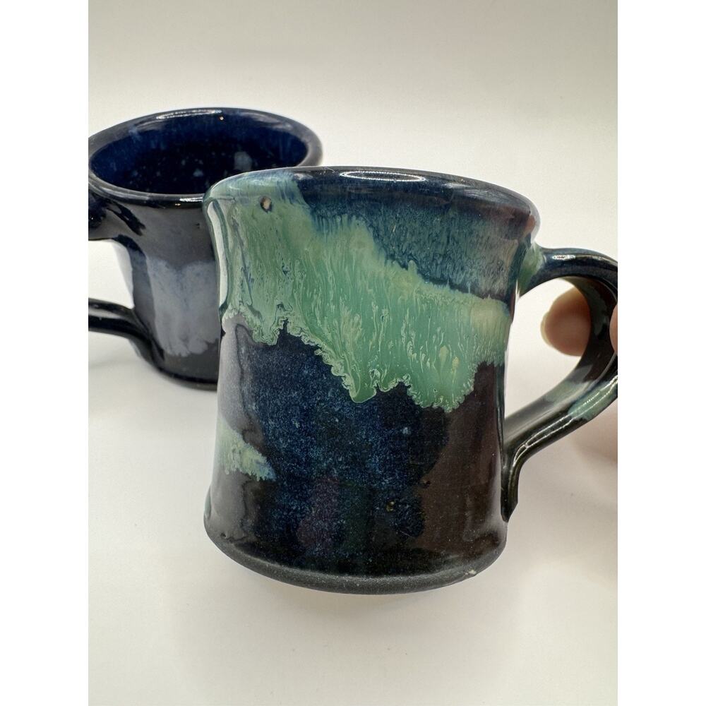 Pair Studio Pottery Cappuccino Espresso Mugs Blue Green Drip Glaze Signed